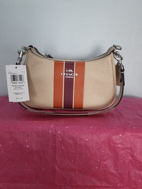 Coach Beige Pebbled Leather Shoulder Bag with Orange and Burgundy Stripes